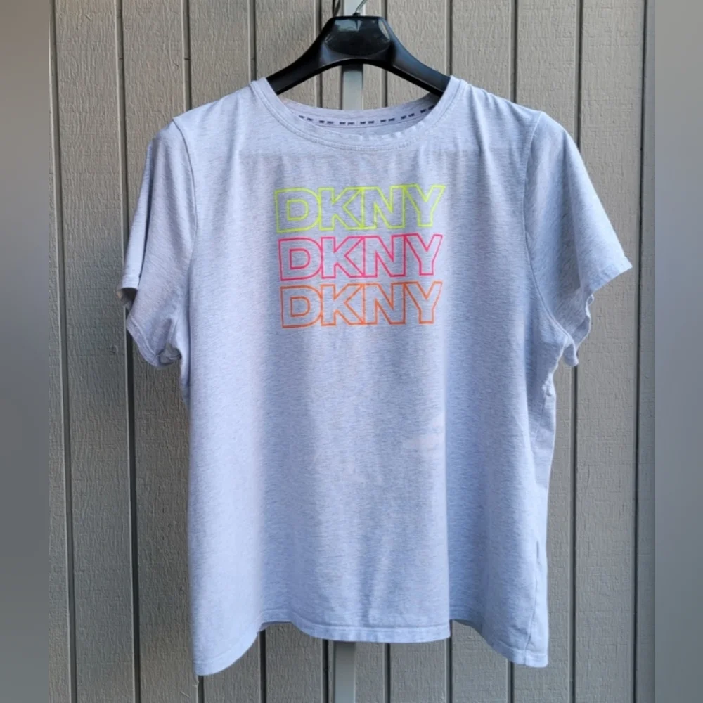 DKNY Sport Cotton Stretch Plus Size Tee Neon Logo Pink Orange Yellow Light Grey - Picture 1 of 12